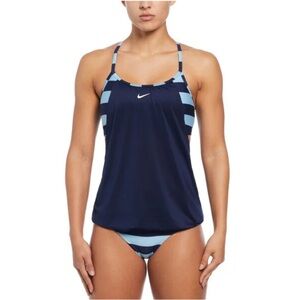 Nike Women’s Baby Blue Navy Statement Stripe Layered Tankini Swim Top NWT